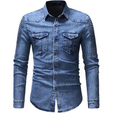 Imagem de Camisa Jeans Masculina Com Botões De Lapela Desbotada Top Elástico Com Nervuras Bleach Camisa Jeans Grossa Regular Tachas Com Botão De Pressão Bolsos Com Aba Moda E Lazer To, B-blue, XXL