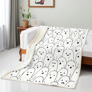Imagem de Cobertor de fantasma fofo para meninos e meninas, supermacio, quente, preto e branco, cobertor de lã de ovelha com tema de Halloween, cobertor de cama de fantasma de desenho animado para adolescentes