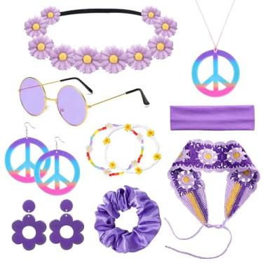 Imagem de FEYIR Conjunto de acessórios de fantasia hippie dos anos 60 e 70 para mulheres, acessórios de sinal de paz para discoteca, Halloween, cosplay, roupa hippie, Roxa, Adjustable