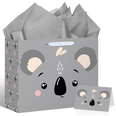 Imagem de Bolsa de presente de aniversário coala para crianças, sacolas de lembrancinhas de festa de feliz aniversário com cartão de papel de embrulho para tema de coala, zoológico, selva, suprimentos de festa