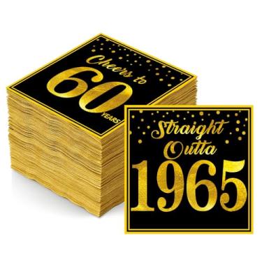 Imagem de Guardanapos de aniversário de 60 anos de 1965, decorações de aniversário de 60 anos de ouro preto para homens e mulheres, comemorações a 60 anos, guardanapos de papel descartáveis para festa de