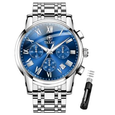 Imagem de Taxau Relógio masculino masculino à prova d'água, luxuoso, cronógrafo, de aço inoxidável, analógico, quartzo, com data, multifunções, número romano, luminoso, reloj para Hombre, Relógio azul -