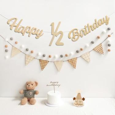 Imagem de Banner Happy 1/2 Birthday Flâmula de tecido de feltro pré-amarrado bandeiras e guirlanda de pompom, chapéu de festa para decorações de meio aniversário, placa reutilizável Half Way to One para festa