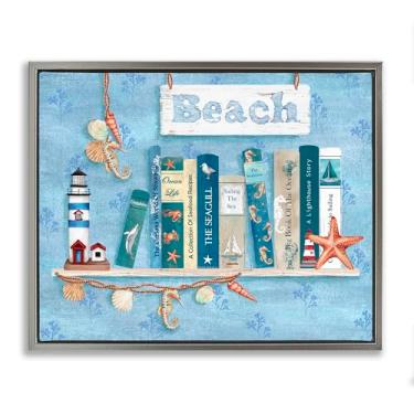 Imagem de Stupell Industries Beachy Book Shelf Panel Gray Framed Floater Canvas Wall Art, design by Emma Leach, 17 x 21