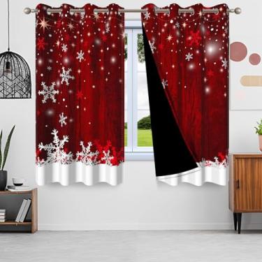 Imagem de SIEDYCV Cortinas de janela de flocos de neve de inverno, 106 x 163 cm, cortinas de janela rústicas de flocos de neve de grão de madeira vermelha com forro preto, cortinas blackout com isolamento
