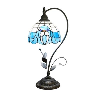 Imagem de NUODITOS Tiffany Abajur de mesa de morsa azul vitral lâmpada de cabeceira Tiffany estilo S folhas de metal luz de mesa para casa sala de estar escritório dormitório bar família amigos presente