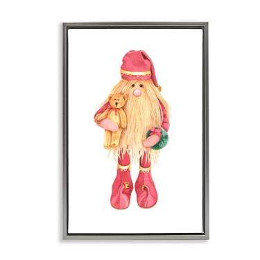 Imagem de Stupell Industries Arte de parede em tela flutuante cinza elfo do Papai Noel com urso de pelúcia, design de Nancy Overton, 25 x 17