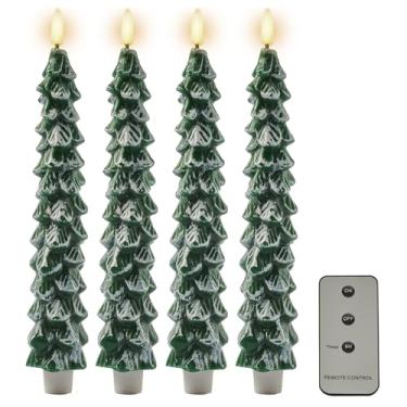 Imagem de DN DECONATION 4 peças de castiçais altos de árvore de Natal com controle remoto, velas de LED de Natal sem chama, operadas por pilhas, velas falsas de árvore fosca, para decoração de mesa de Natal