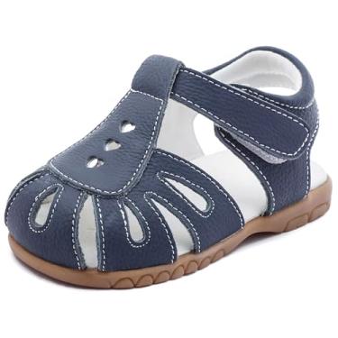 Imagem de Femizee Sandálias de verão femininas de couro genuíno macio com bico fechado princesa (infantil/criança pequena), 1553 Deep Blue, 11 Little Kid