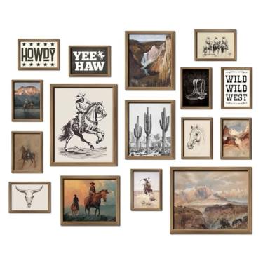 Imagem de ANERZA 16 peças de decoração de arte de parede ocidental, impressões de parede de galeria do sudoeste para quarto de banho, pôsteres de caubói para estética de sala de estar, kit de colagem de arte de