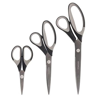 Imagem de BambooMN Conjunto de tesouras de titânio Softgrip para costura, artes, artesanato, escritório – 1 conjunto de 3 – preto com detalhes em cinza escuro