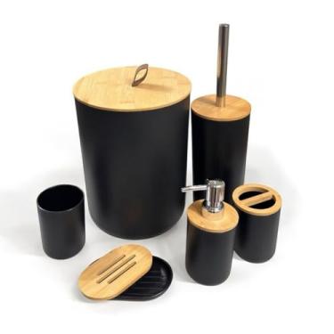 Imagem de Kit Banheiro 6 Pçs Lixeira Com Tampa Porta Sabonete Escova (Preto)