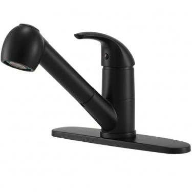 Imagem de KINGO HOME Torneira de pia de cozinha com pulverizador de puxar para baixo, pequena torneira de cozinha de aço inoxidável preto fosco de arco único, 1-3 furos com placa de deck e suprimento para bar