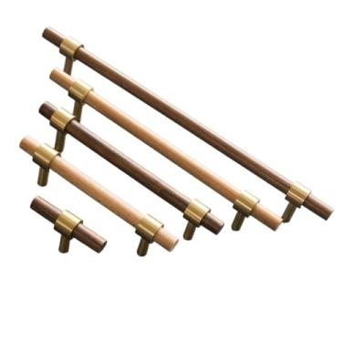 Imagem de CXYFQUUK Puxador de madeira para móveis de latão puxadores de porta de armário de cozinha puxadores de gaveta puxadores de madeira de faia para ferragens de móveis, 2 peças (madeira de faia 96 mm)