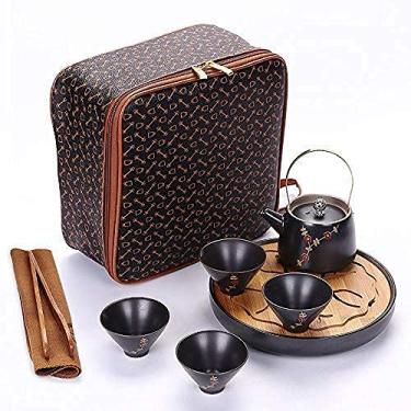 Imagem de Conjunto de chá de chaleira de cerâmica um conjunto de chá de quatro xícaras de viagem Ding Kiln conjunto de chá de cerâmica conveniente esmalte fosco bandeja de chá 200 ml seis conjuntos (Ii)