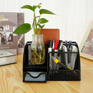Imagem de RWWPJLLWHR Organizador de mesa de malha de aço inoxidável, organizador de papelaria com 6 compartimentos e 1 gaveta, antiderrapante, economiza espaço, suporte para canetas, lápis e régua, organizador