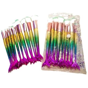 Imagem de Kit de Pincéis para Maquiagem Sereia, 10 Peças (Amarelo com Verde)