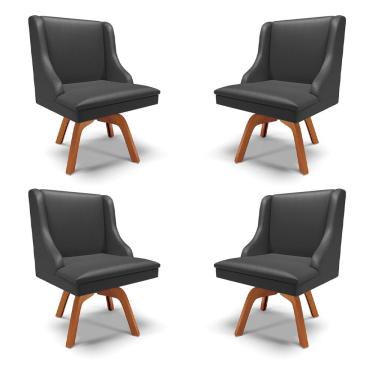 Imagem de Kit 4 Cadeiras Decorativas Sala de Jantar Base Giratória de Madeira Firenze PU Preto Fosco/Natural G19 - Gran Belo