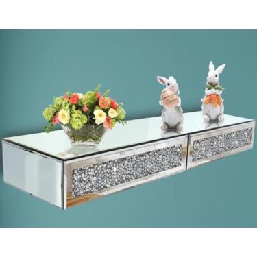 Imagem de Prateleira de parede espelhada para móveis com 2 gavetas, vitrine flutuante de diamante de cristal, penteadeira decorativa de diamante triturado com espelho prateado, lindo conjunto de TV brilhante, decoração de arte de parede, 71,4 cm C × 8,5 cm L × 10 cm A