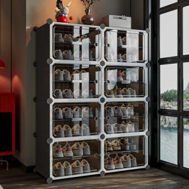 Imagem de MAGINELS Sapateira de 6 andares, armário de sapatos de plástico expansível. Armazenamento de sapatos com porta, entrada, armários, corredor e quarto. Acomoda até 24 pares de sapatos. Cinza (8 níveis