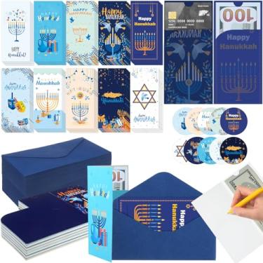 Imagem de Engrowtic 50 conjuntos de cartões de dinheiro Happy Hanukkah com envelopes Hanukkah Chanukah Gift Card Money Holder Cartões de Natal a granel com envelopes e adesivos para amigos férias em família
