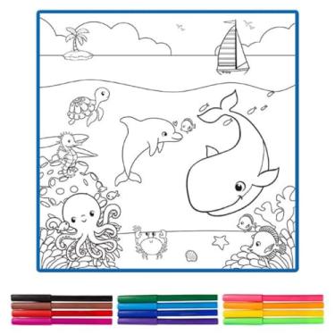 Imagem de Tapete de Colorir Tema Marinho Fundo do Mar 50x50cm com 12 Canetinhas Infantil Reutilizável e Lavável Brinquedo Educativo Criativo para Crianças