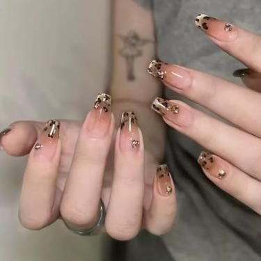 Imagem de Unhas postiças curtas curtas médias ombré nude com design de estampa de leopardo francês, cobertura completa, bastão falso artificial, cola em acrílico para mulheres, 24 peças