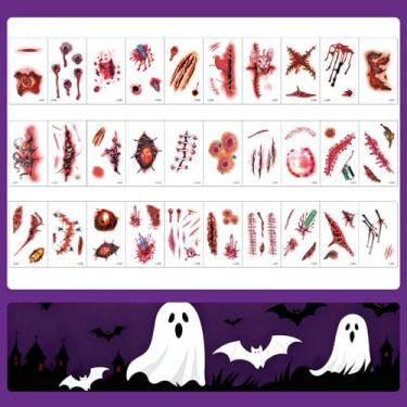 Imagem de 30 folhas de tatuagens temporárias de Halloween, ferida sangrenta falsa, ponto de cicatriz, corpo e rosto à prova d'água, adesivos de tatuagem de baile de máscaras, adereços de maquiagem, conjunto 1