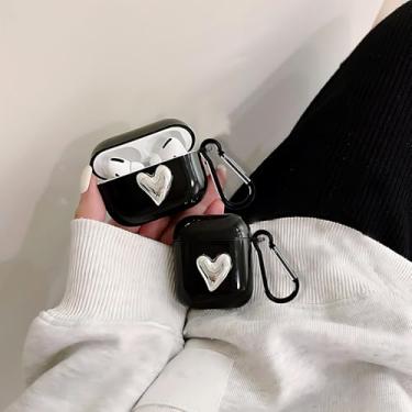 Imagem de Compatível com Airpods 2 e 1, capa macia e fofa de coração 3D, design moderno, coração, prata, estética, à prova de choque, capa de fone de ouvido para AirPods 2 e 1 - preta