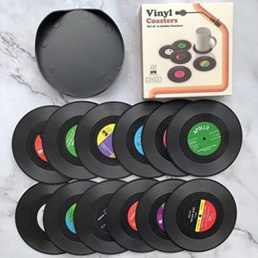 Imagem de 6 peças de porta-copos retrô engraçados para bebidas com porta-copos de disco de vinil para proteção de mesa de bebidas