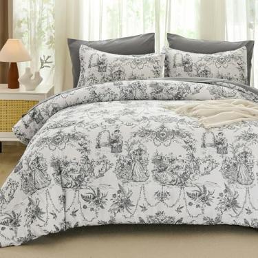 Imagem de Xruibed Conjunto de edredom cinza King Size 7 peças, cama botânica Toile de Jouy em um saco, conjunto de edredom boêmio com lençol, fronhas, fronhas de microfibra macia para todas as estações, 264 x