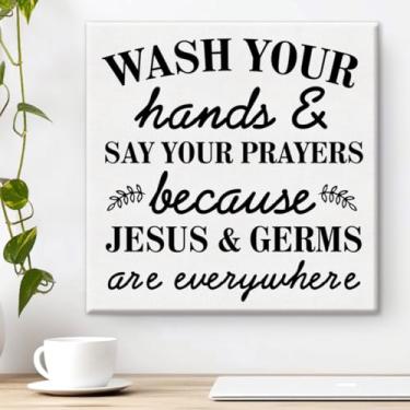 Imagem de Arte de parede de humor para banheiro, lave suas mãos e diga suas orações, pôster emoldurado, casa de banho, decoração de banheiro 20 x 20 cm
