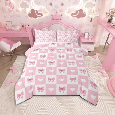 Imagem de Feelyou Jogo de cama casal com laço rosa, fofo, com laço, para crianças, meninos, meninas, edredom fofo, decoração de quarto, microfibra, 3 peças com 2 fronhas