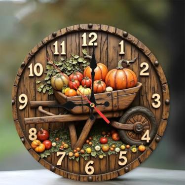 Imagem de Relógio de parede de madeira para decoração de parede de carrinho de mão de colheita de outono, movimento silencioso, perfeito para sala de estar, quarto, banheiro, decoração de casa