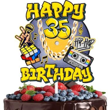 Imagem de Topo de bolo hip hop masculino e feminino 35º aniversário feliz retrô 70s 80s 90s decorações, festa de aniversário, festa de aniversário, fita cassete de festa de rock, suprimentos de decoração de