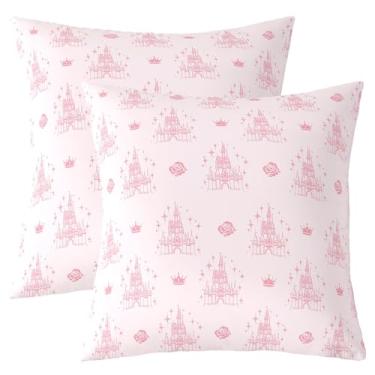 Imagem de Manfei Capa de almofada Dreamy Castle rosa estampa floral coroa dupla face impressão quadrada capa de almofada linda princesa mágica para cama sofá sofá, decoração de quarto de meninas, pacote com 2