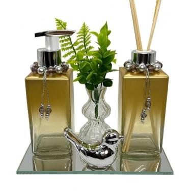 Imagem de Kit Lavabo Luxo com Saboneteira e Difusor – Conjunto Decorativo com Bandeja Espelhada, Passarinho e Vaso com Folhagem (PRATA)