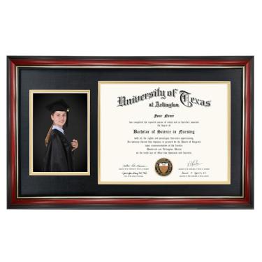 Imagem de GraduationMall Diploma cereja 28 x 48 cm e moldura para foto para certificado de 21 x 27 cm, vidro temperado, tapete duplo preto sobre ouro