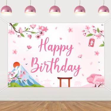 Imagem de Cheereveal Pano de fundo de aniversário de flor de cerejeira de 1,5 x 0,9 m, faixa de aniversário de Sakura japonesa rosa branca e rosa, tema floral, romântico, casamento, nupcial, chá de bebê