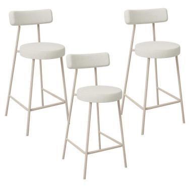 Imagem de Kit 03 Banquetas Baixa Cozinha Sala Jantar Bancada Milão Arena L02 Linho Champagne - Lyam Decor