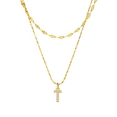 Imagem de Rockyu Colar feminino ouro bicamada inicial pingente zircônia cúbica letra inglesa corrente de aço inoxidável 40/45 cm (T)