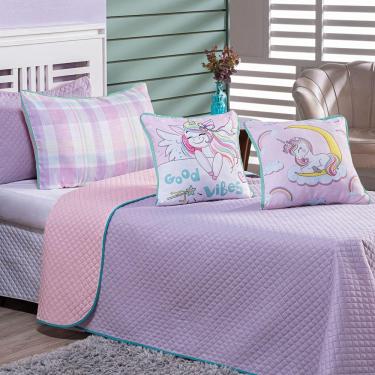 Imagem de Cobre Leito Vibes Unicórnio Lilás-rosa Dupla Face Com Almofadas Solteiro 05 Peças