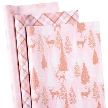 Imagem de RUSPEPA Conjunto de papel de embrulho de Natal rosa, mini rolo, design dourado do país das maravilhas de inverno com rena, floco de neve, padrões xadrez perfeitos para presentes de Natal, 3 rolos, 43