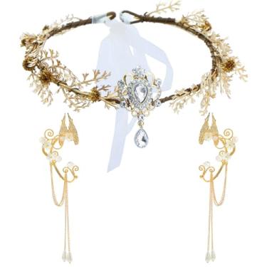 Imagem de Shanmeidㅤ Conjunto de brincos de elfo de Halloween, coroa de flor, coroa, tiara de coroas de fada, asas douradas, orelhas de elfo, punhos, acessórios de fada para mulheres, roupa de Halloween e
