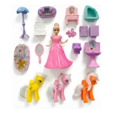 Imagem de Conjunto de Boneca com Pôneis e Acessórios em Rosa, Brinquedo Infantil