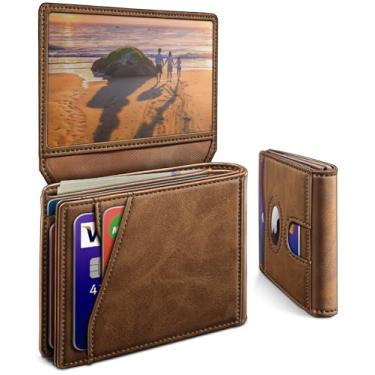 Imagem de miyozi Carteira masculina AirTag, com bolso para dinheiro, 2 janelas para identidade, 13 cartões, carteira de couro fina com bolso frontal, porta-cartões, bloqueio RFID e caixa de presente, Tijolo
