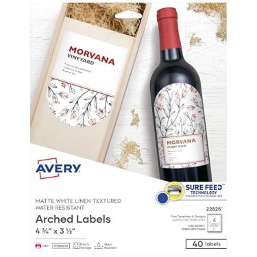 Imagem de Avery Etiquetas arqueadas para vinho com Sure Feed para impressoras a laser, 12 cm x 9 cm, 40 etiquetas brancas (22826)