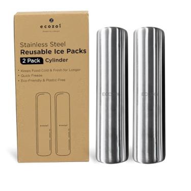 Imagem de ecozoi Refrigeradores de almoço de aço inoxidável - Sacos de gelo para lancheiras, lancheiras, caixas de bento e refrigeradores - 2 pacotes em forma de cilindro, sem plástico e sustentável