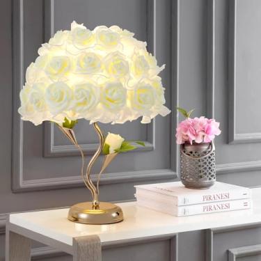 Imagem de ZYLEISENBAO Luminária De Cabeceira Com Rosas Artificiais E Flores Brancas, Abajur Romântico Para Buquê De Flores, Luminária De Mesa Com Rosas Para Decoração De Casamento, Quarto, Sala De Estar, Hot