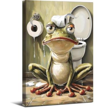 Imagem de Frimeeme Impressão em tela de parede de banheiro sapo com moldura, sapo na decoração de parede de vaso sanitário, 30,5 cm L x 40,6 cm C